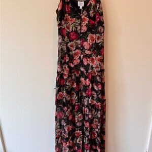 NWT Cami NYC Black Silk Maxi Dress with Pink Rose Floral Print with silk liner